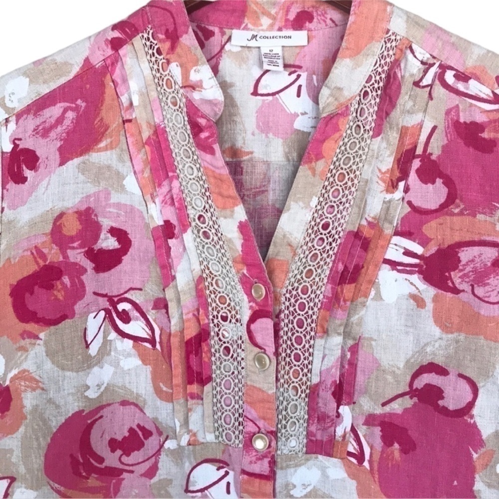 JM Collection Linen Floral Top Crochet Trim Pleated Button Front 12 - Picture 3 of 10
